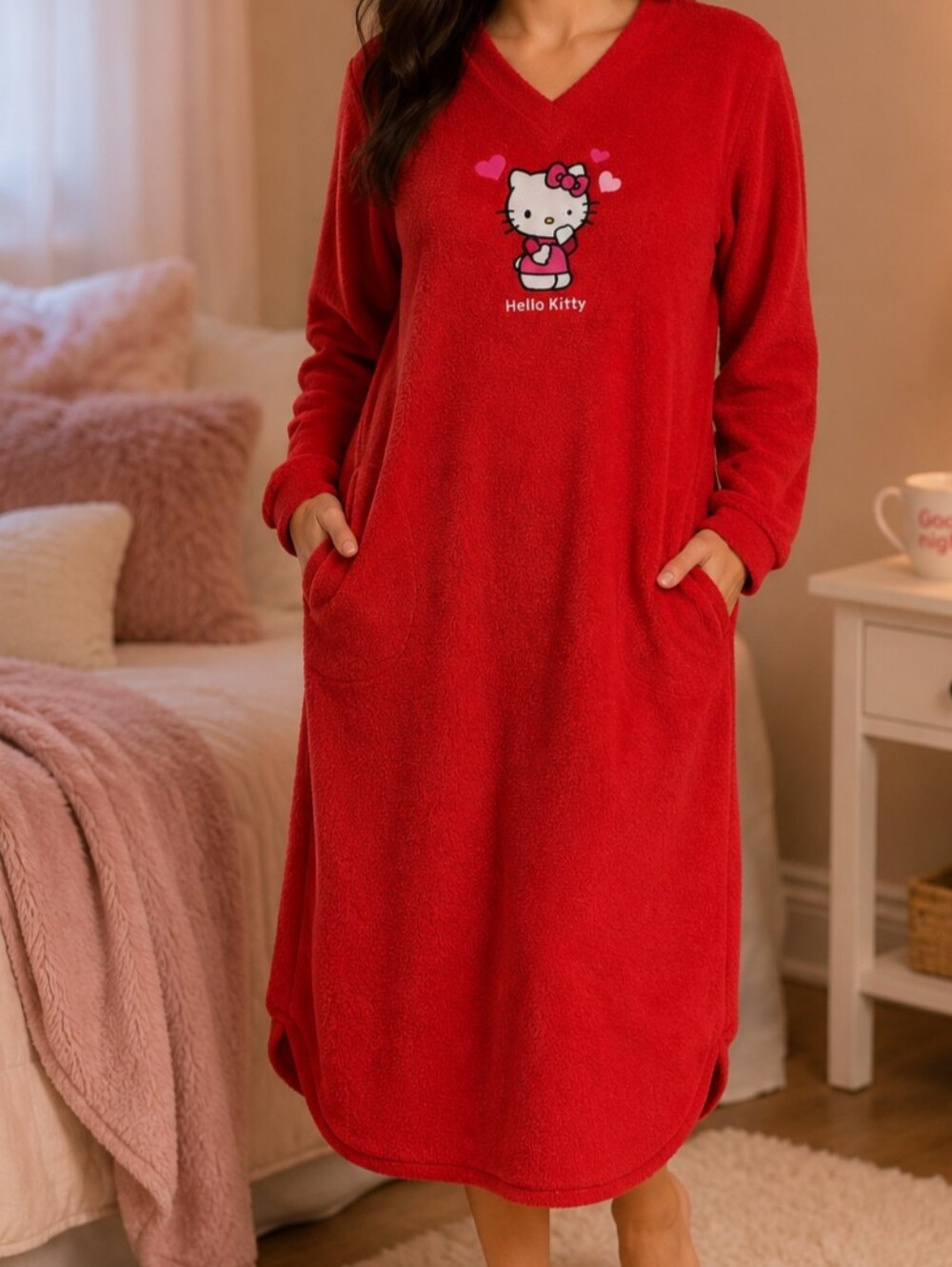 Hello Kitty Fleece Nightgown Adult Womens Medium Red Embroidered Pockets Saniro‎